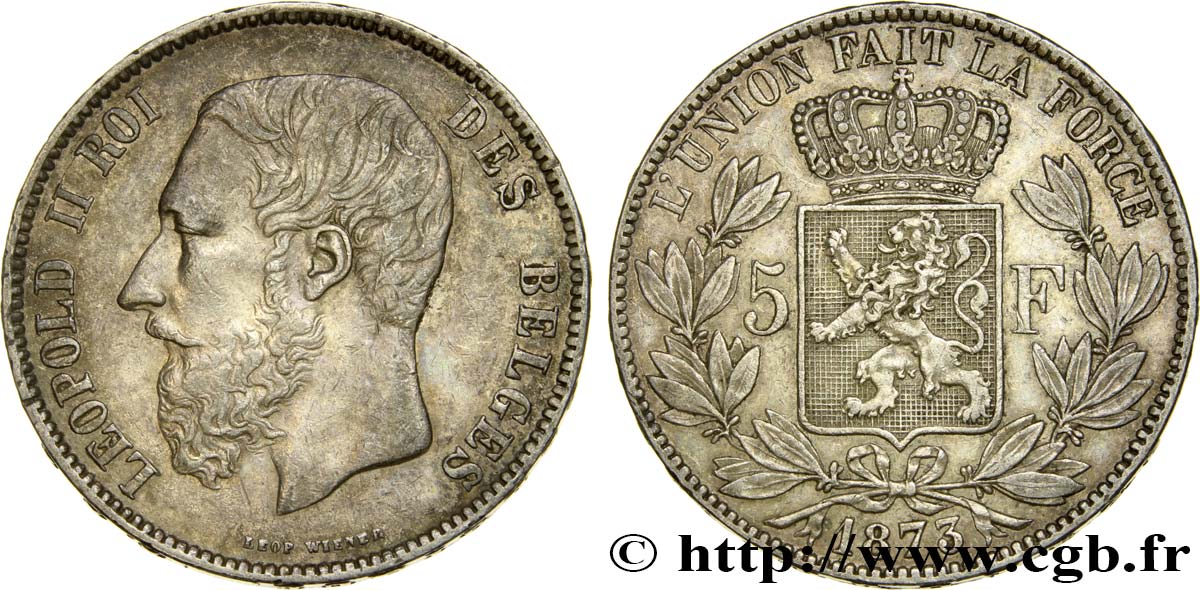 BELGIQUE 5 Francs Léopold II 1873  TTB 
