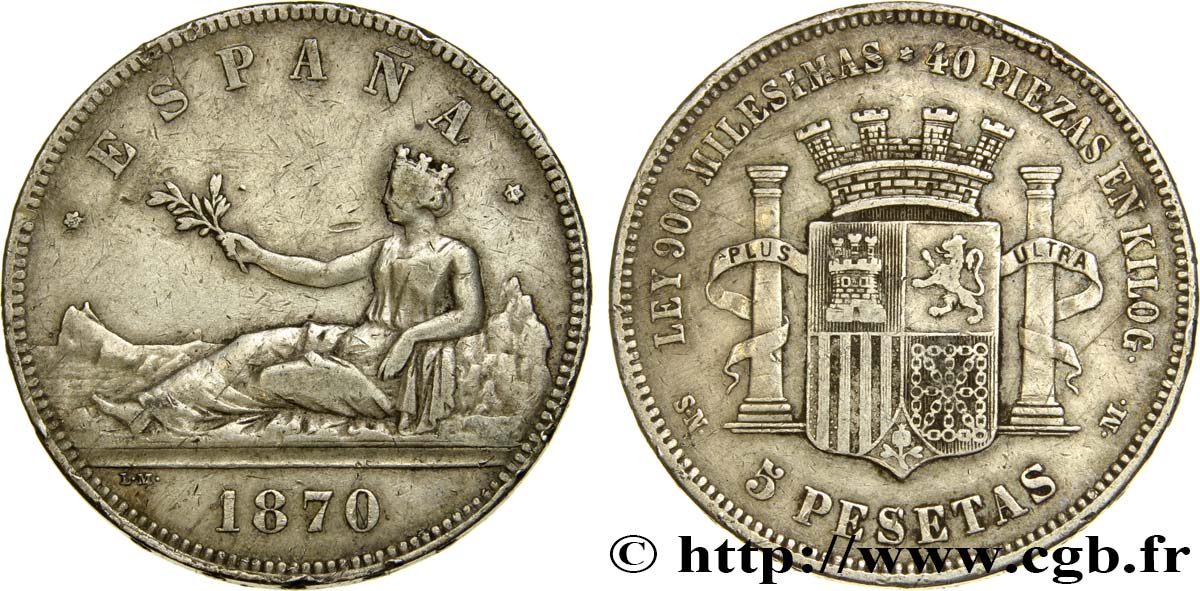 ESPAGNE 5 Pesetas 1870 Madrid TB+ 