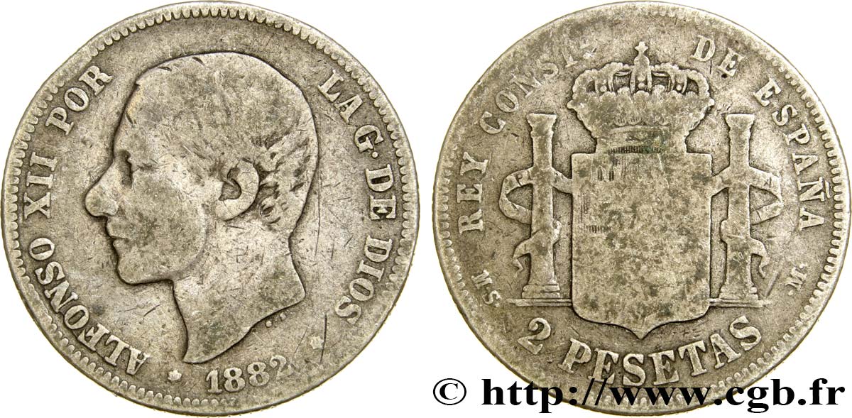 ESPAGNE 2 Pesetas Alphonse XII 1882 Madrid B+ 