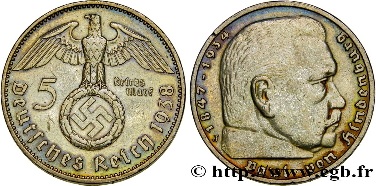 GERMANIA 5 Reichsmark Aigle / Maréchal Paul von Hindenburg 1938 Hambourg BB 