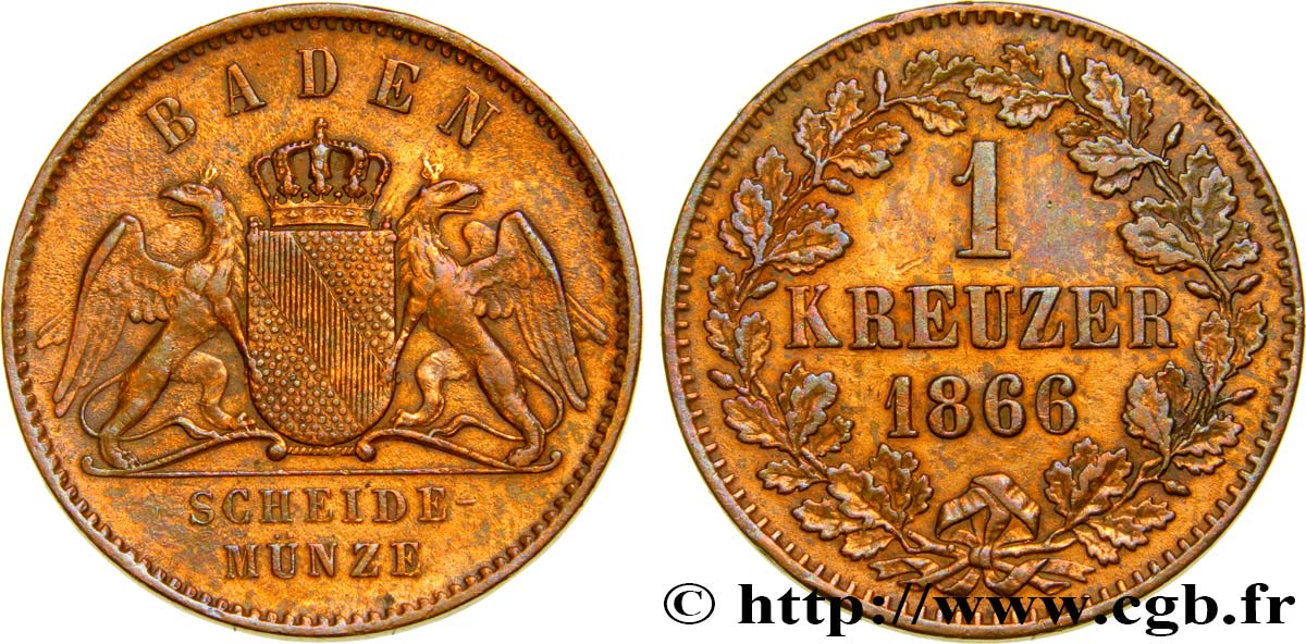 ALLEMAGNE - BADE 1 Kreuzer Grand-Duché de Bade 1866  TTB 