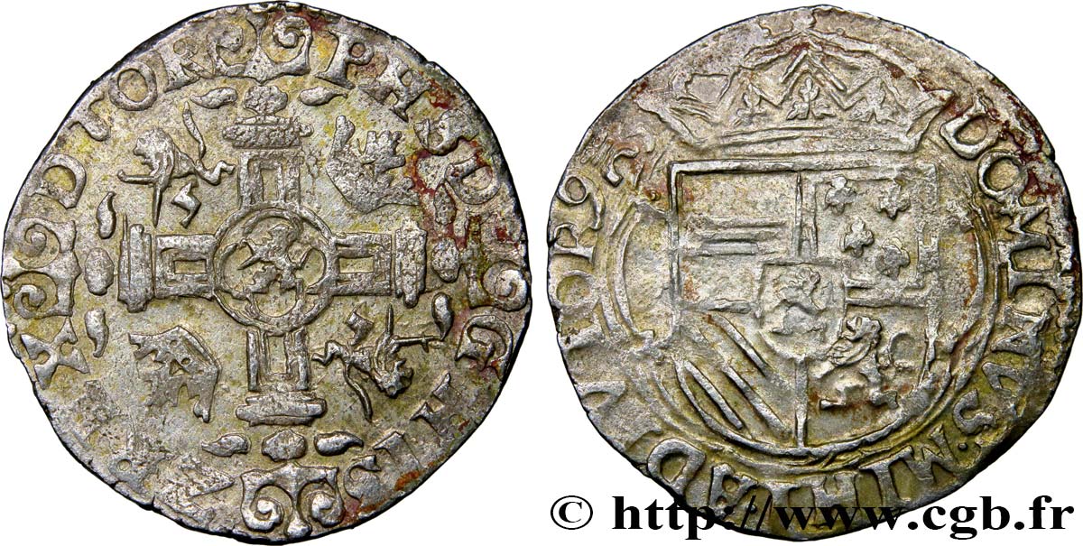 SPANISH NETHERLANDS - TOURNAI - PHILIP II OF SPAIN Double patard 1593 Tournai XF 
