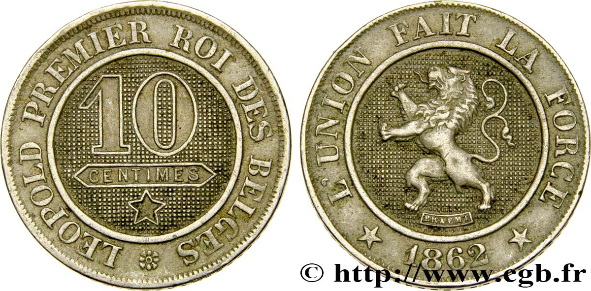 BELGIUM 10 Centimes lion 1862  AU 