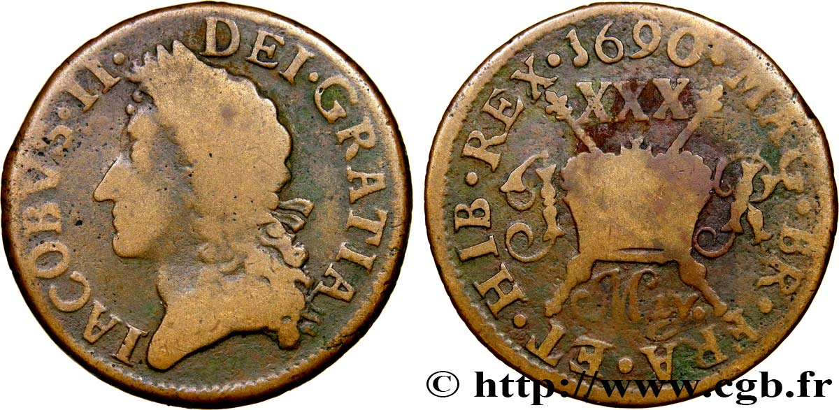 IRELAND REPUBLIC 1/2 Crown jacques II (May) 1690  VF 