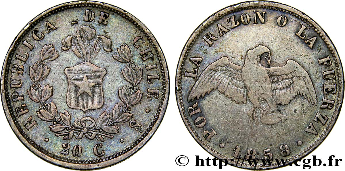 CHILE 20 Centavos 1858 Santiago XF/VF 