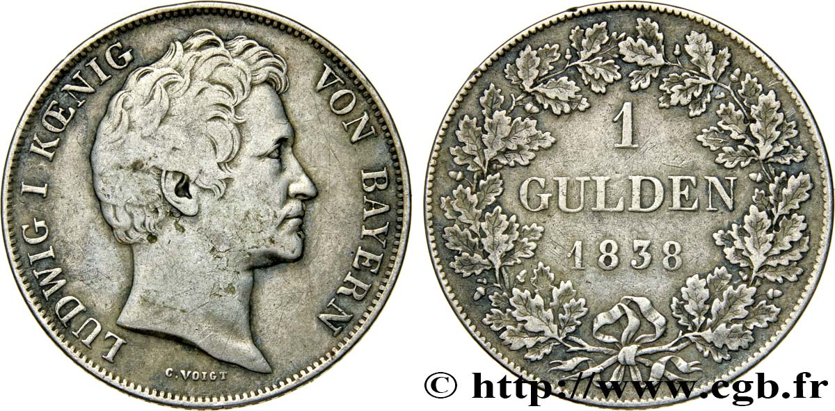 GERMANY - BAVARIA 1 Gulden Louis Ier 1838 Münich VF 