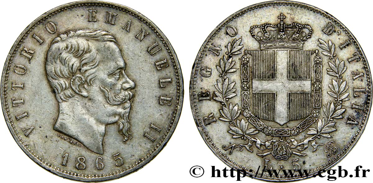 ITALIA 5 Lire Victor Emmanuel II 1865 Turin BB 