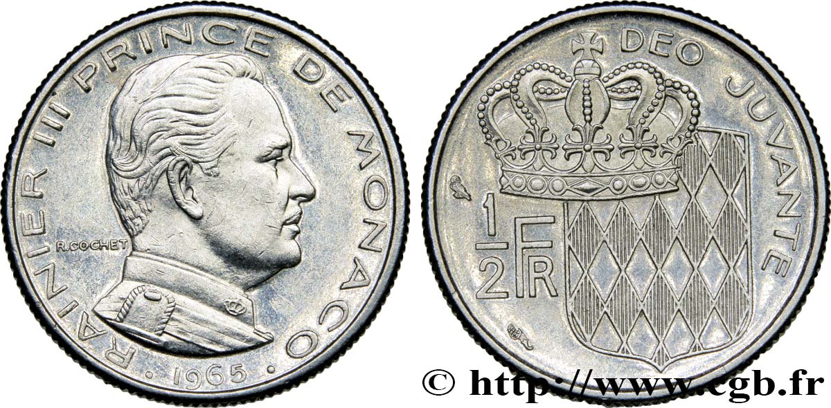 MONACO 1/2 Franc Rainier III / écu couronné 1965 Paris SUP 
