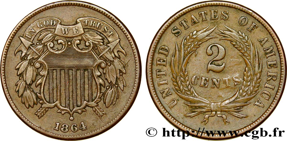 UNITED STATES OF AMERICA 2 Cents 1864 Philadelphie XF 