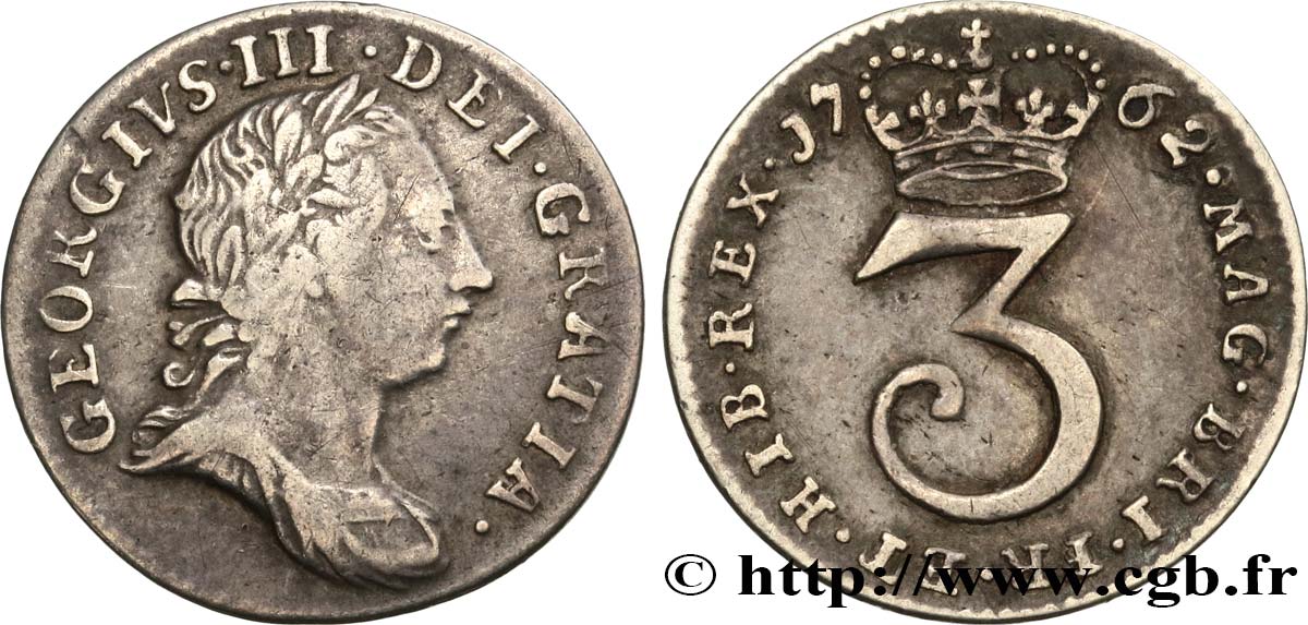 UNITED KINGDOM 3 Pence Georges III 1762  XF 