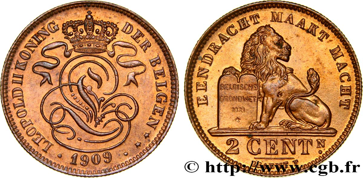 BELGIQUE 2 Centime Léopold II légende flamande 1909  SPL 