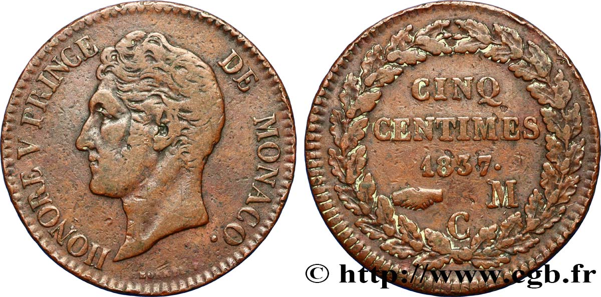 MONACO 5 Centimes Honoré V petite tête en cuivre rouge 1837 Monaco fSS 