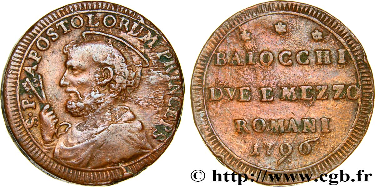 VATICAN AND PAPAL STATES 2 1/2 Baiocchi St Pierre 1796 Rome XF/VF 
