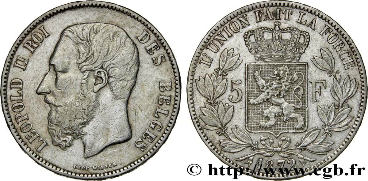 BELGIQUE 5 Francs Léopold II 1872  TB+ 