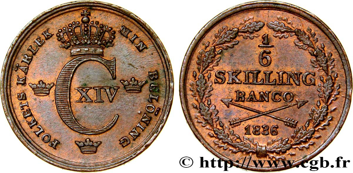 SWEDEN 1/6 Skilling Charles XIV 1836  AU 