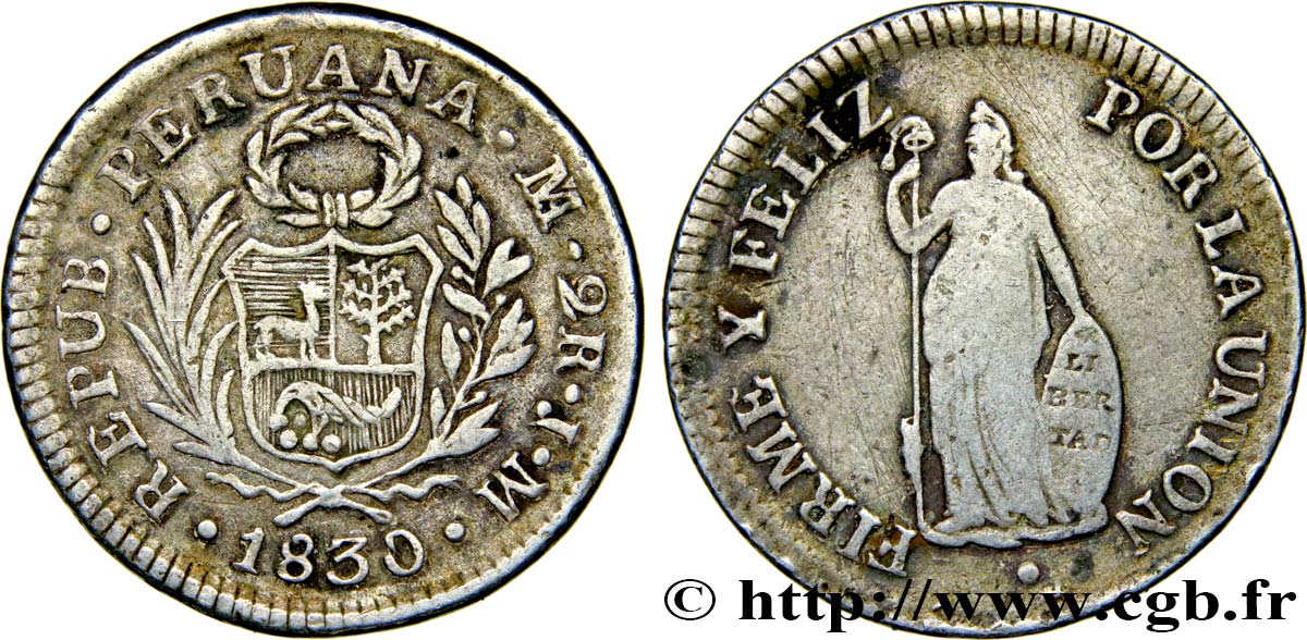 PERU 2 Reales  1830 Lima VF/VF 