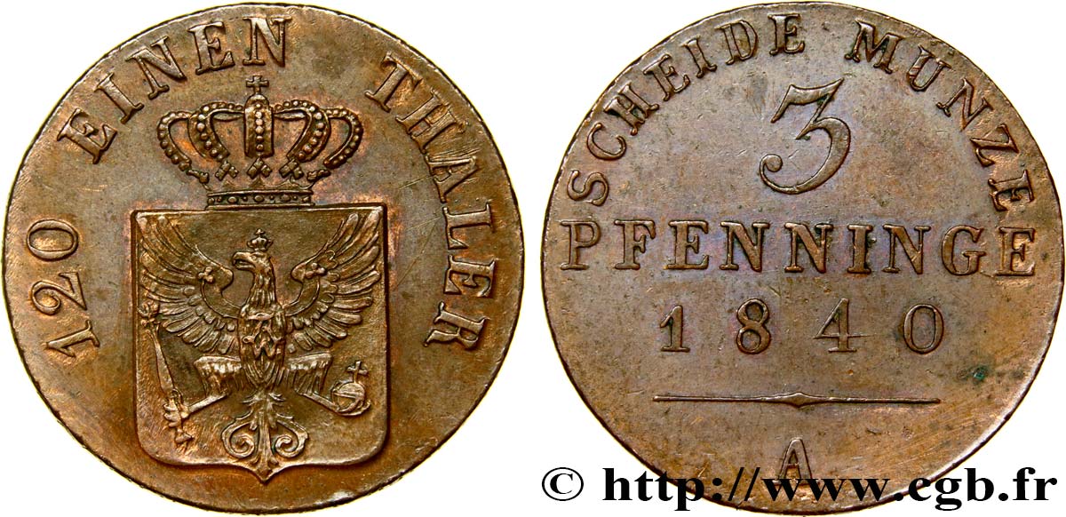 ALLEMAGNE - PRUSSE 3 Pfenninge 1840 Berlin SUP/TTB+ 