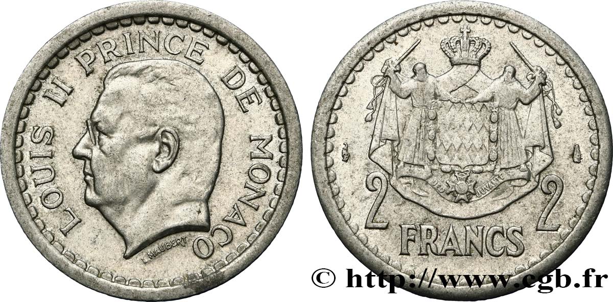 MONACO 2 Francs Louis II (1943) Paris EBC 