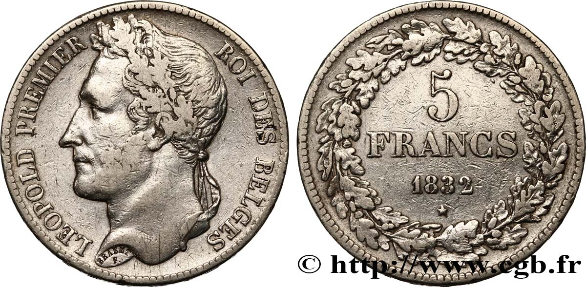 BELGIUM - KINGDOM OF BELGIUM - LEOPOLD I 5 Francs tête laurée 1832 Bruxelles VF 