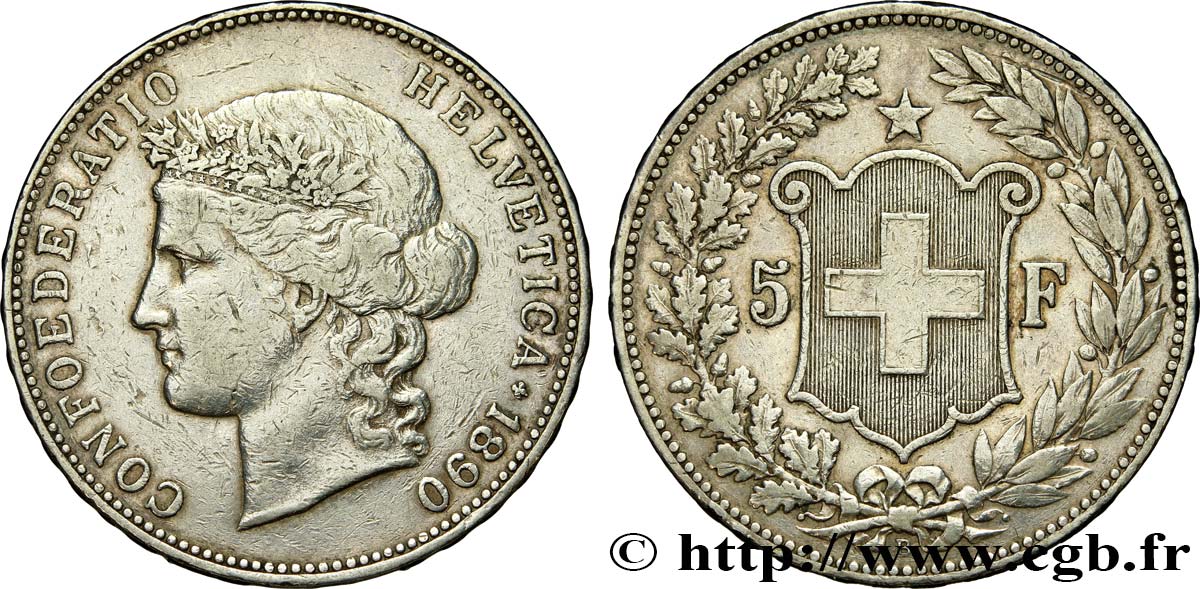SVIZZERA  5 Francs Helvetia 1890 Berne BB 