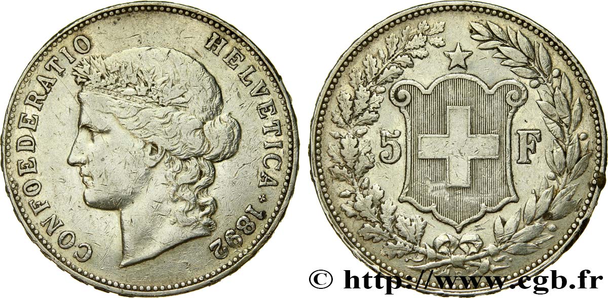 SCHWEIZ 5 Francs Helvetia 1892 Berne fSS 
