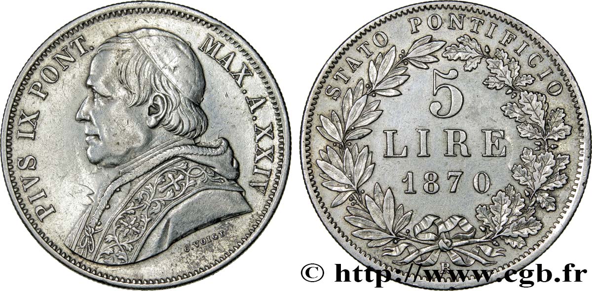 VATICAN AND PAPAL STATES 5 Lire Pie IX an XXIV 1870 Rome XF/AU 