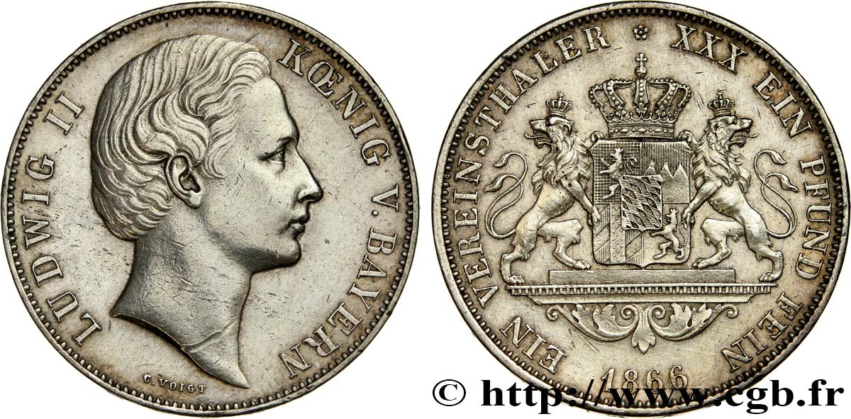 GERMANY - BAVARIA 1 Thaler Louis II 1866 Munich XF 