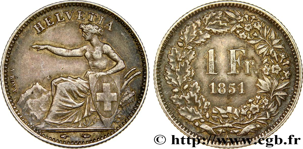 SWITZERLAND 1 Franc Helvetia assise 1851 Paris XF 