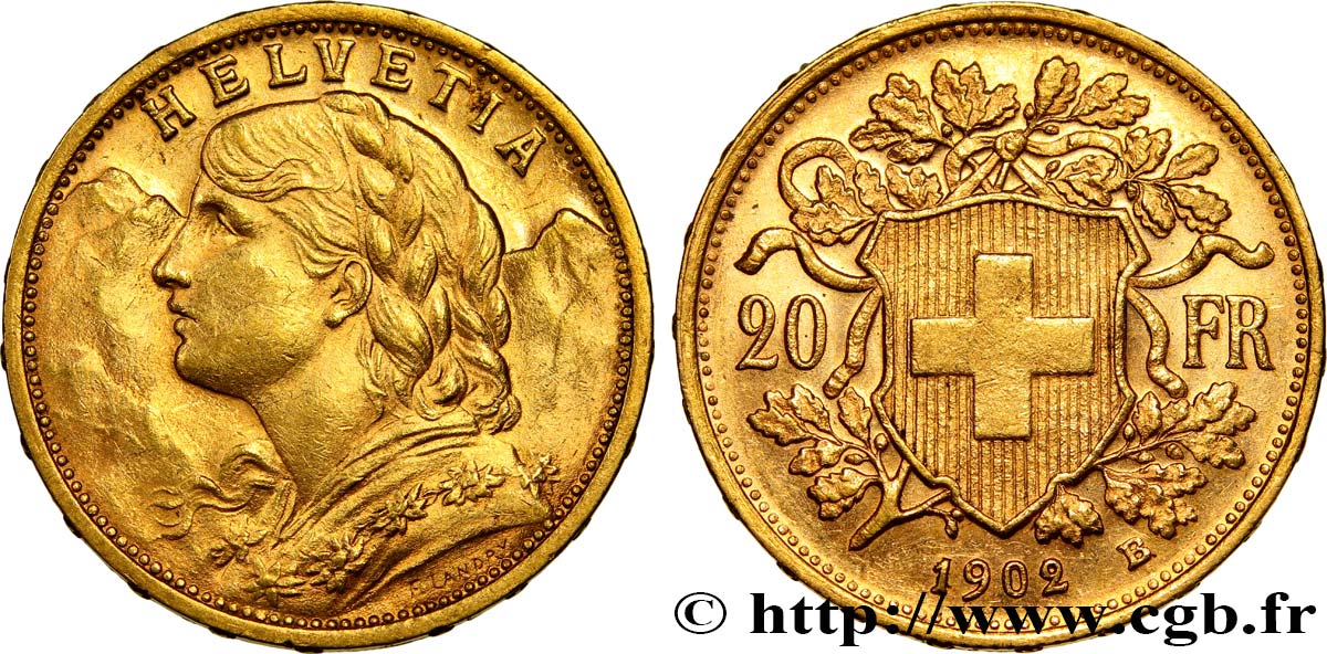 SWITZERLAND 20 Francs  Vreneli  1902 Berne AU 