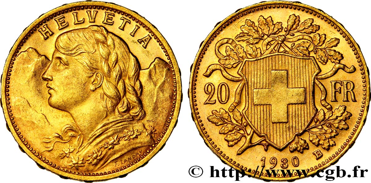 SWITZERLAND 20 Francs or  Vreneli  1930 Berne AU 