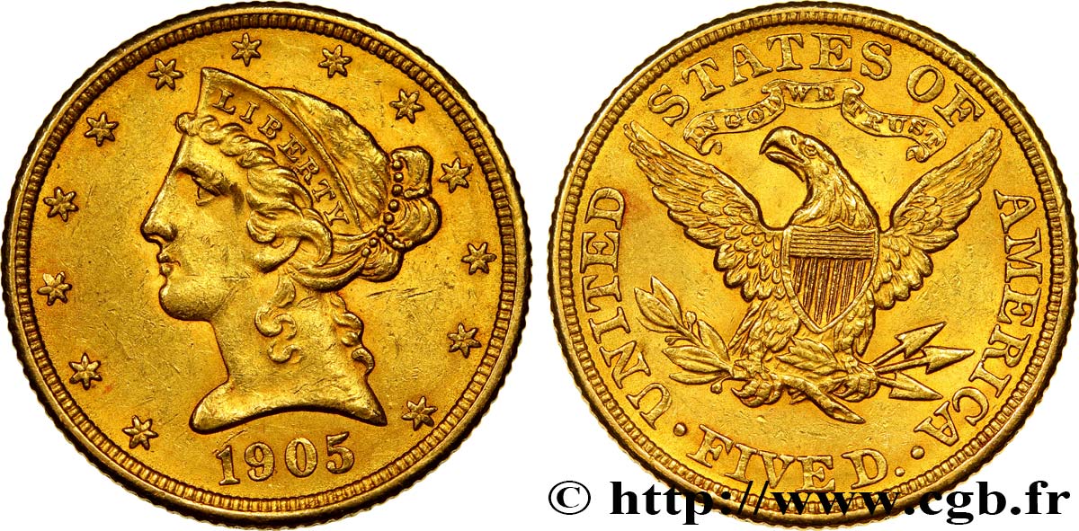 ÉTATS-UNIS D AMÉRIQUE 5 Dollars  Liberty  1905 Philadelphie fVZ 