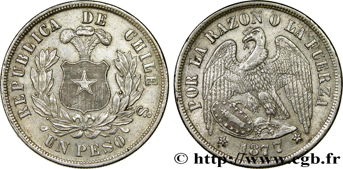 CHILE
 1 Peso condor 1877 Santiago MBC+ 