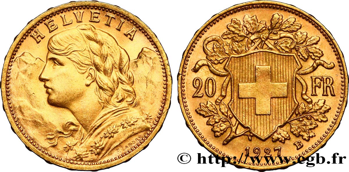 SUIZA 20 Francs or &nbsp;Vreneli&nbsp; 1927 Berne EBC 
