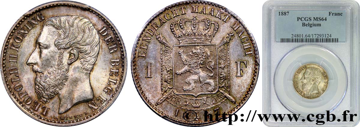 BELGIUM 1 Franc Léopold II légende flamande 1887  MS64 PCGS
