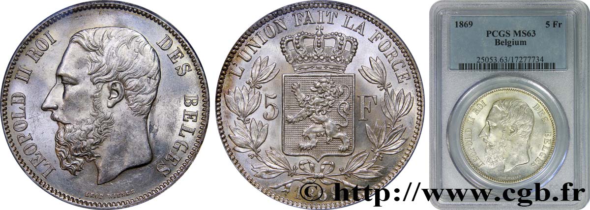 BÉLGICA 5 Francs Léopold II 1869  SC63 PCGS