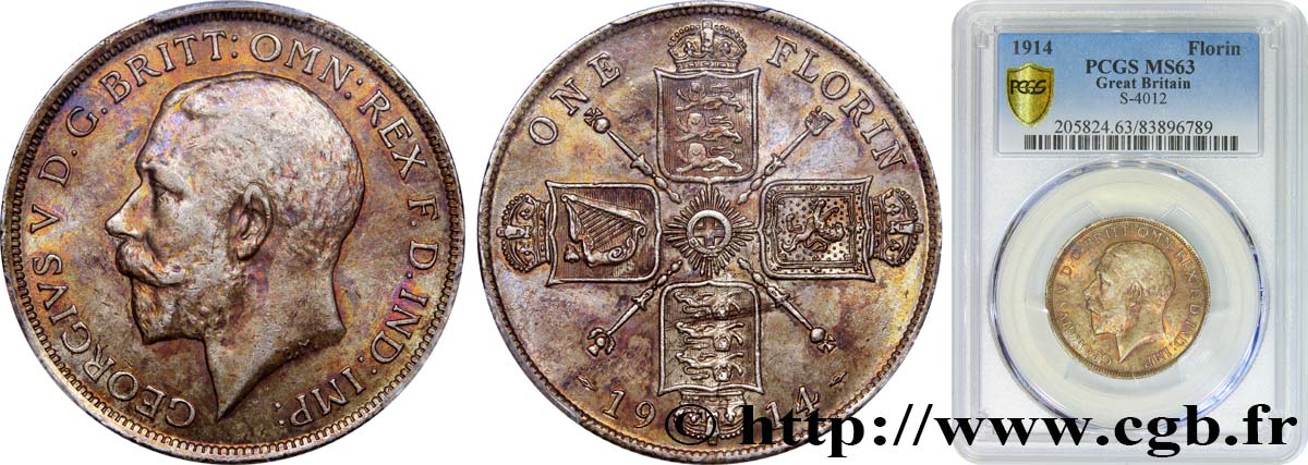 UNITED KINGDOM 1 Florin Georges V 1914  MS63 PCGS