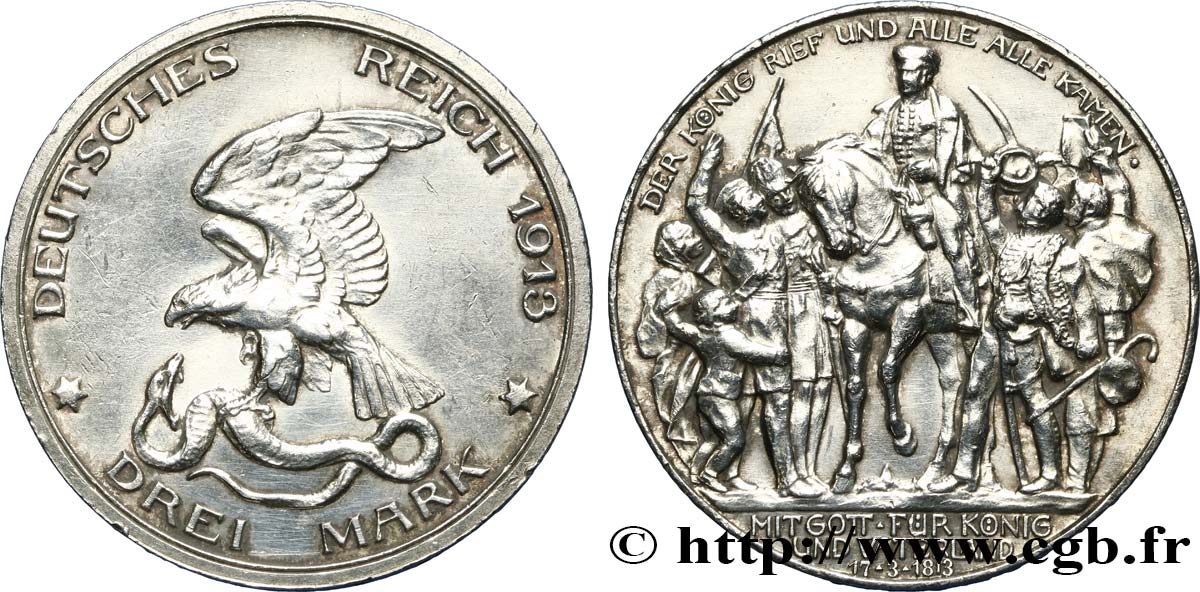 ALLEMAGNE - PRUSSE 3 Mark 100e anniversaire défaite de Napoléon 1913 Berlin TTB+ 