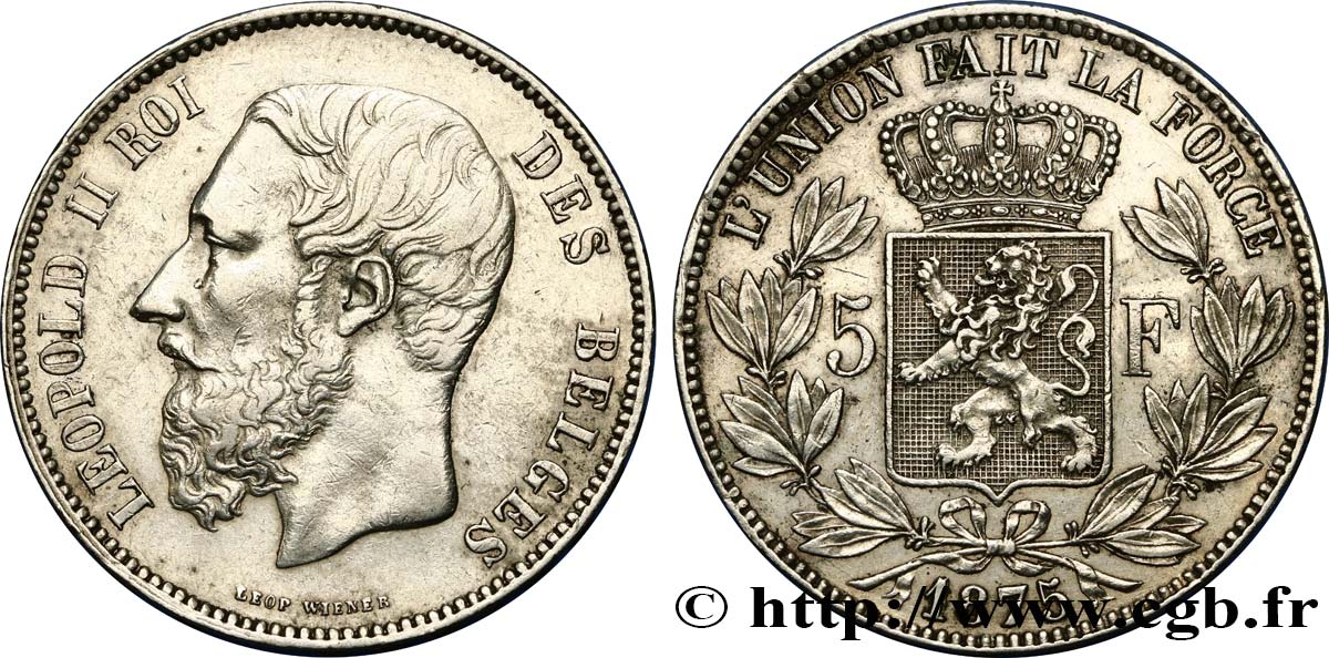 BELGIQUE 5 Francs Léopold II 1875  TTB 