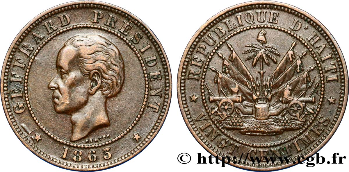 HAÏTI 20 Centimes président Geffrard 1863 Heaton TTB/TTB+ 