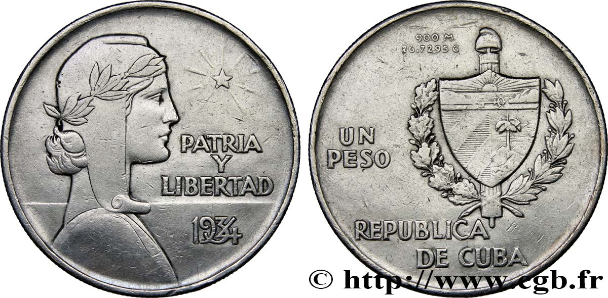 CUBA 1 Peso 1934  VF 