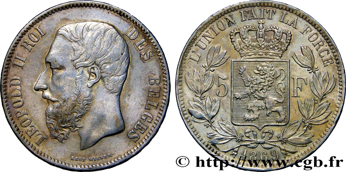 BELGIQUE 5 Francs Léopold II 1869  TTB/TTB+ 