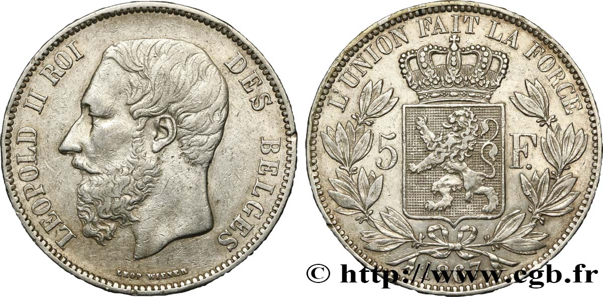 BELGIEN 5 Francs Léopold II 1867  SS 