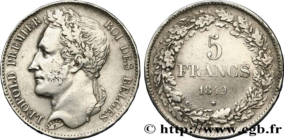 BÉLGICA 5 Francs Léopold Ier tête laurée 1849  BC+ 