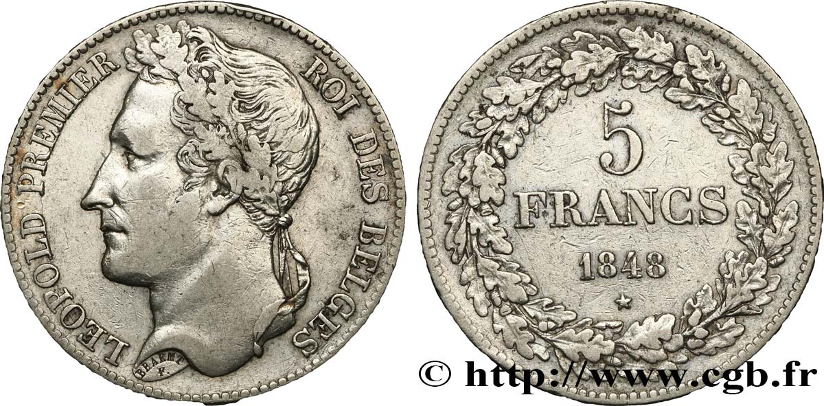 BELGIQUE 5 Francs Léopold Ier tête laurée 1848  TTB 