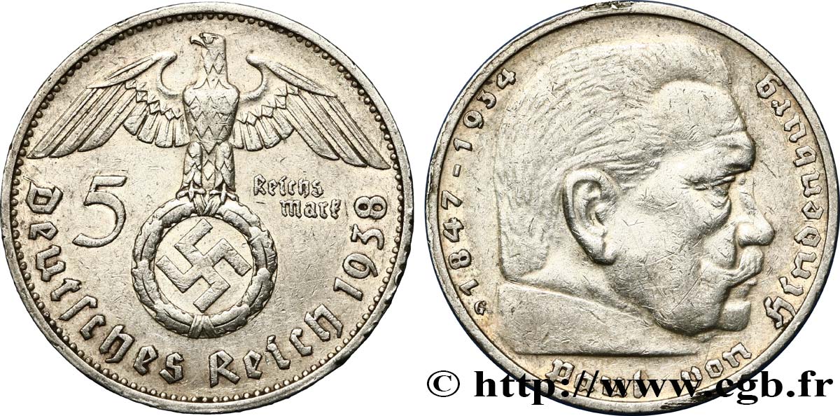 GERMANY 5 Reichsmark Maréchal Paul von Hindenburg 1938 Karlsruhe XF 