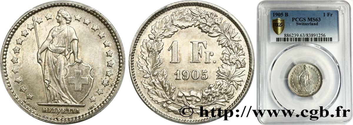 SUISSE 1 Franc Helvetia 1905 Berne SPL63 PCGS