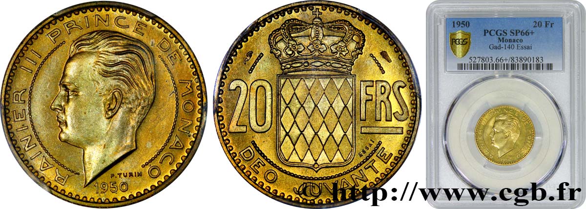 MONACO Essai de 20 Francs Rainier III 1950 Paris MS66 PCGS