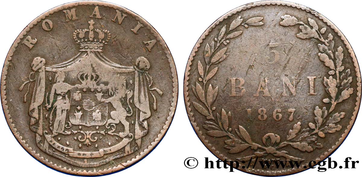 ROMANIA 5 Bani 1867 James Watt & Co VF 