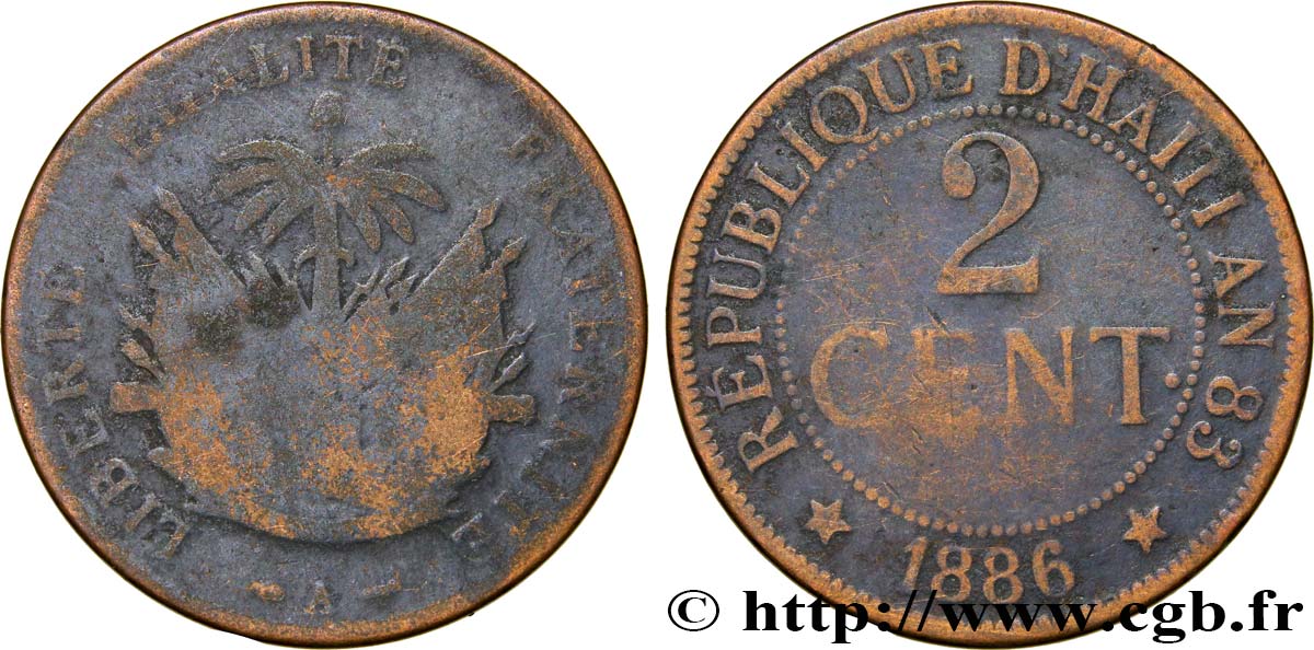 HAITI 2 Centimes emblème 1886 Paris fS 