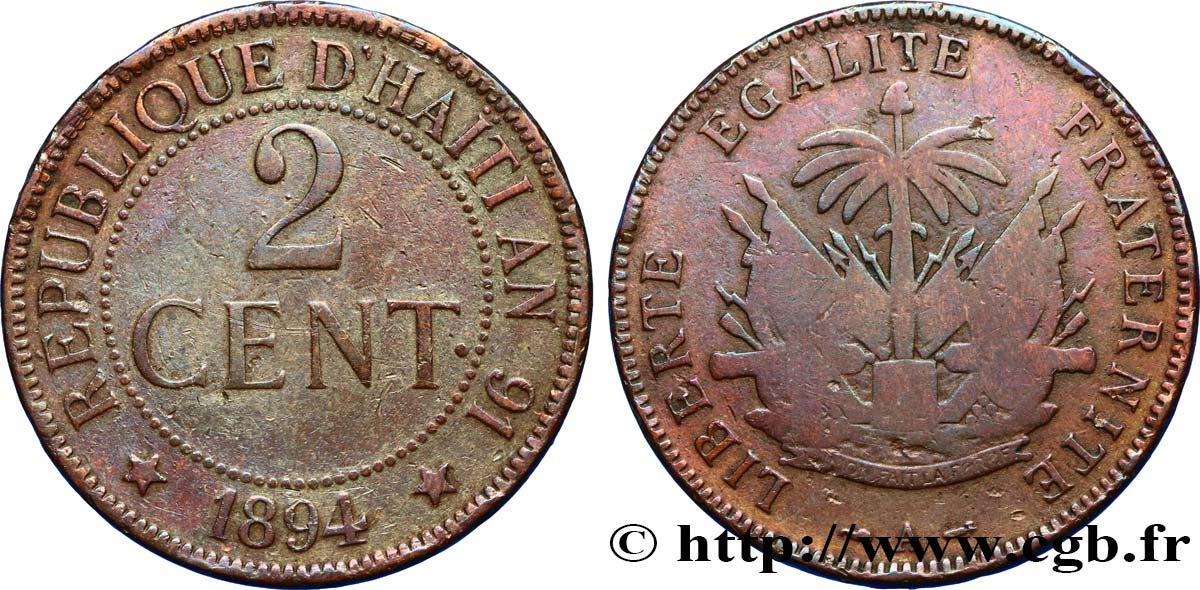 HAITI 2 Centimes an 91 emblème 1894 Paris - A q.MB 